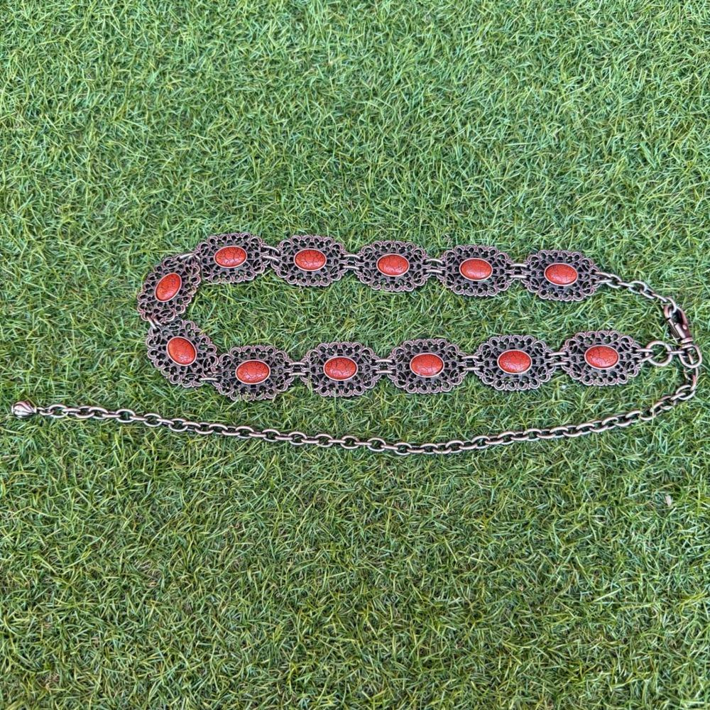 Filigree Faux Coral Concho Chain Belt Orange Faux Stone Medallions Western Boho